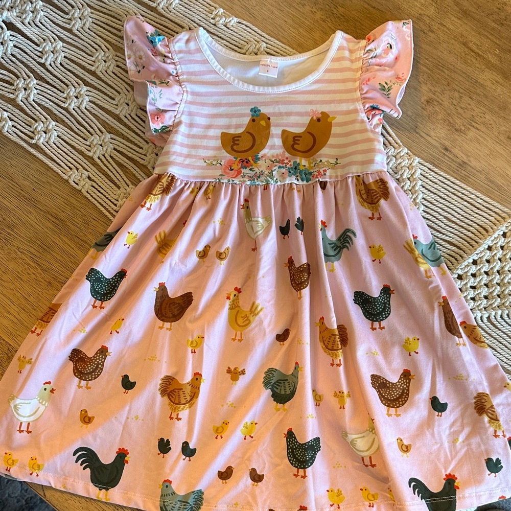 PENELOPE PLUMM Pink Chicken chick hen farm twirl Dress sz 5 EUC